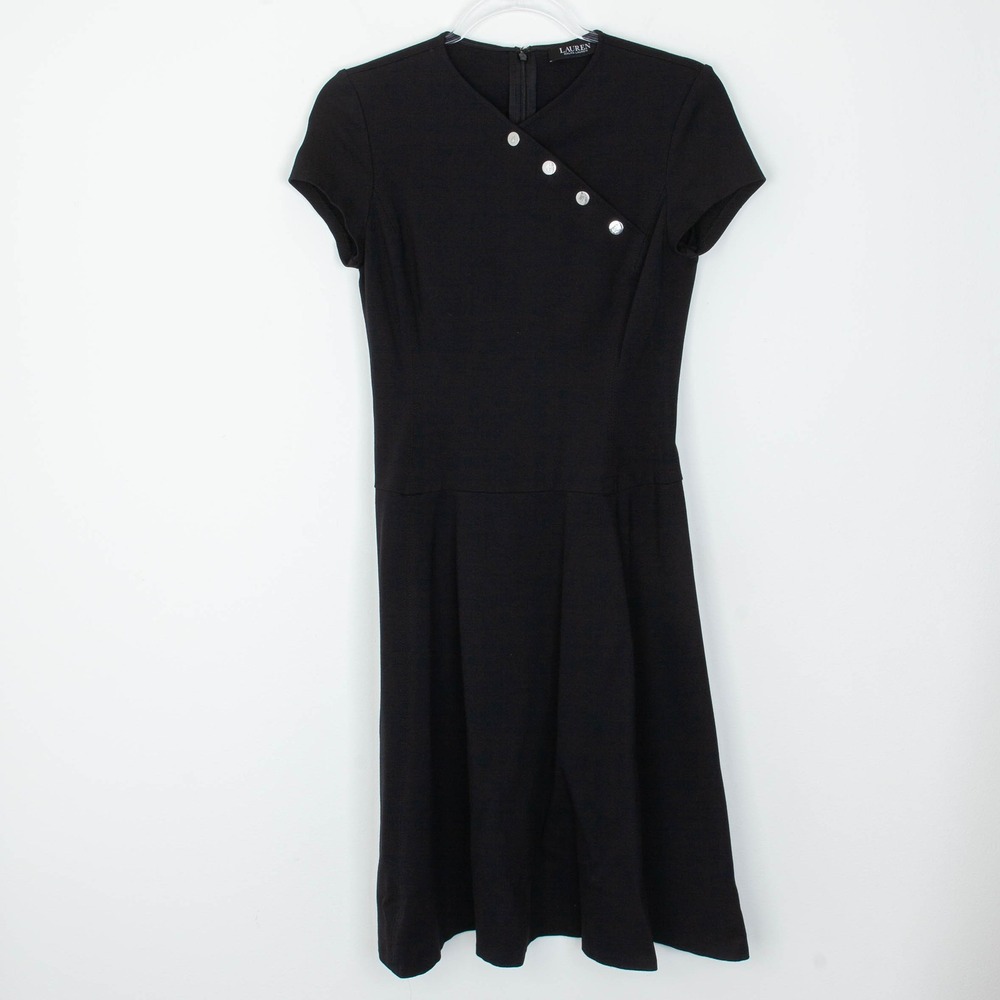Lauren Ralph Lauren Womens Black Button Detail Fit Flare Midi Dress‎ Size 4 Work